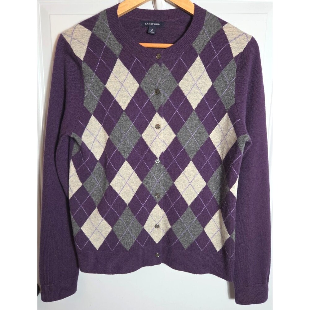Lands' End Womens Argyle Cashmere Cardigan Sweater Size S